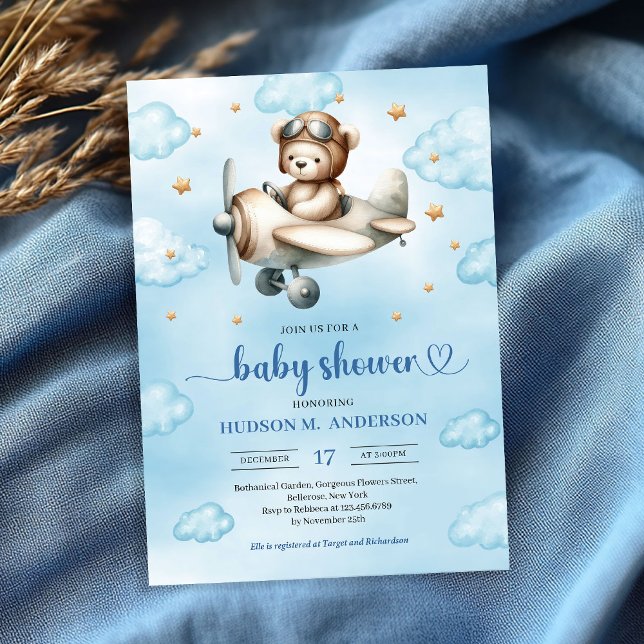 Convites Elegant Blue Brown Teddy Bear Pilot Baby Shower  (Elegant Blue Brown Teddy Bear Pilot Baby Shower Invite

)