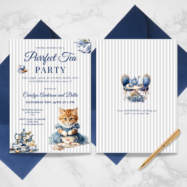 Convites Elegant Blue Cat Party Invitation Template (Elegant Blue Cat Party Invitation Template)