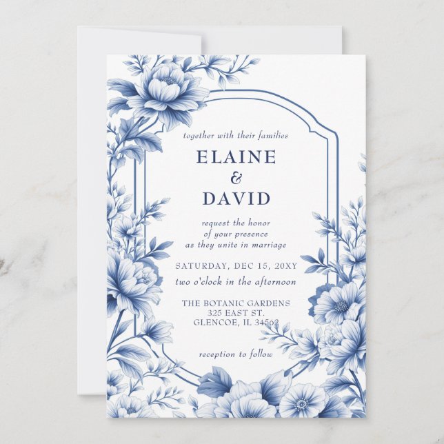 Convites Elegant Blue Chinoiserie Floral Botanical Wedding (Frente)