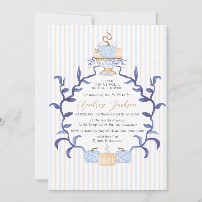 Convites Elegant Blue Chinoiserie Pumpkin Bridal Shower (Frente)