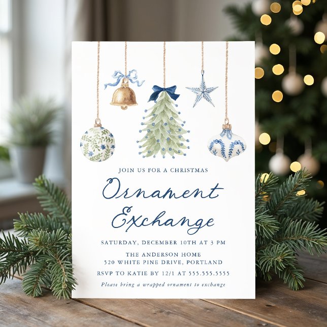 Convites Elegant Blue Christmas Ornament Exchange (Criador carregado)