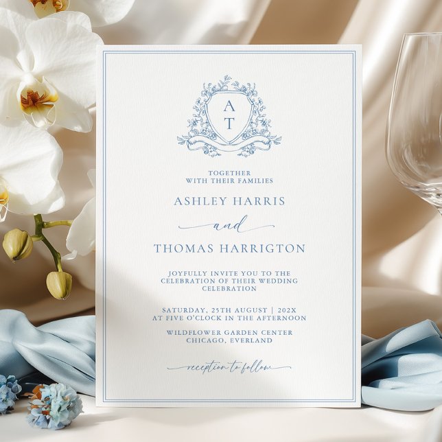 Convites Elegant Blue Crest Monogram Wedding Invitation (Criador carregado)