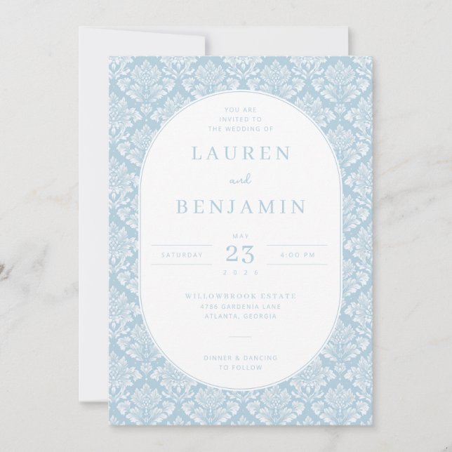 Convites Elegant Blue Damask Wedding Invitation (Frente)