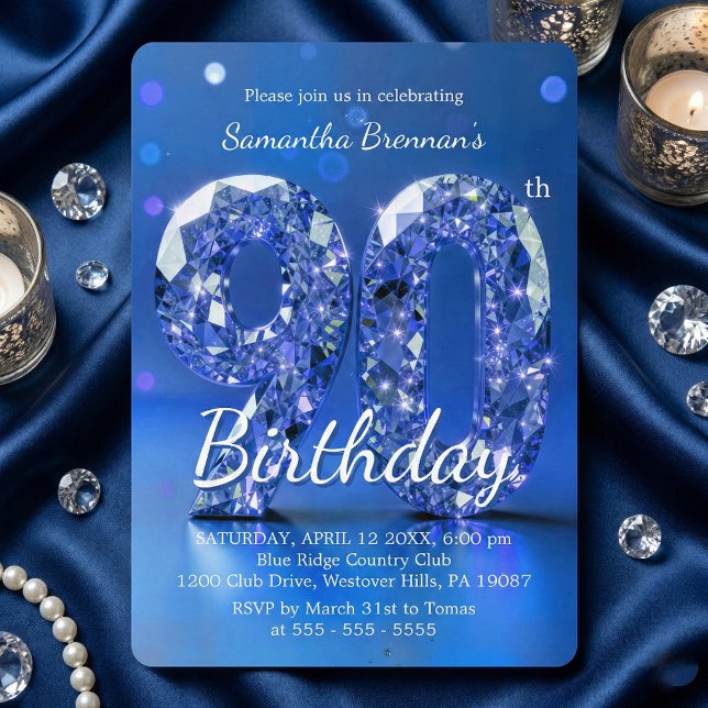 Convites Elegant Blue Diamond Gemstone Glamour 90th Party (Criador carregado)