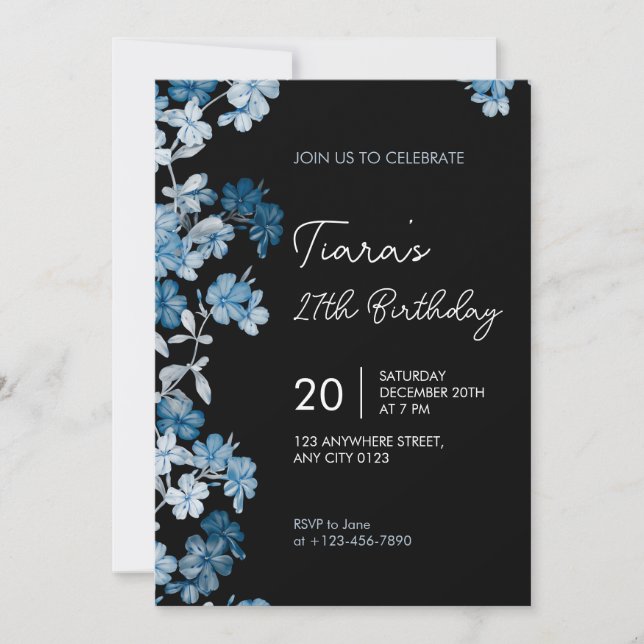 Convites Elegant Blue Floral 27th Birthday Party Invitation (Frente)