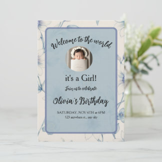 Convites Elegant blue floral baby announcement