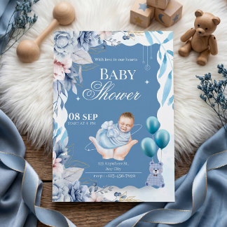 Convites Elegant Blue Floral Baby Boy Welcome