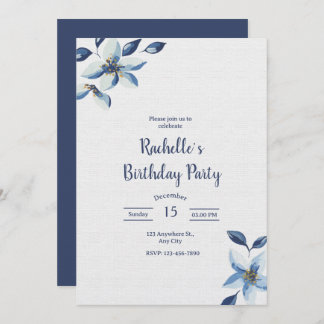 Convites Elegant Blue Floral Birthday Invite, Boho Birthday