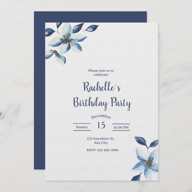 Convites Elegant Blue Floral Birthday Invite, Boho Birthday (Frente/Verso)