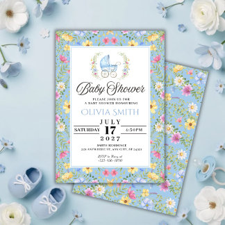 Convites Elegant Blue Floral boy Baby Shower