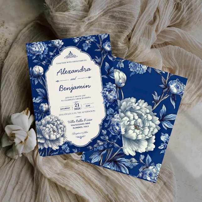 Convites Elegant Blue Floral Classic Chinoiserie Peony  (Criador carregado)