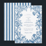Convites Elegant Blue Floral Crest Striped Back Wedding<br><div class="desc">Elegant Blue Floral Crest Wedding Invitation with Striped Back A timeless and elegant wedding invitation featuring a delicate vintage-style blue floral crest monogram and classic typography. The refined layout is paired with a coordinating blue vertical stripe pattern on the reverse, creating a sophisticated and cohesive design inspired by French countryside...</div>