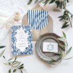 Convites Elegant Blue Floral Crest Striped Back Wedding<br><div class="desc">Elegant Blue Floral Crest Wedding Invitation with Striped Back A timeless and elegant wedding invitation featuring a delicate vintage-style blue floral crest monogram and classic typography. The refined layout is paired with a coordinating blue vertical stripe pattern on the reverse, creating a sophisticated and cohesive design inspired by French countryside...</div>