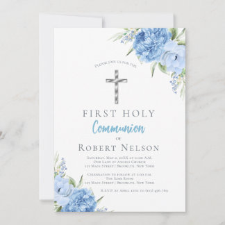 Convites Elegant Blue Floral First Holy Communion