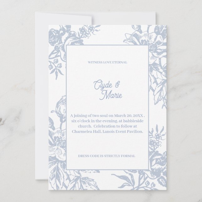 Convites Elegant Blue Floral Formal Wedding Invitation |  (Frente)
