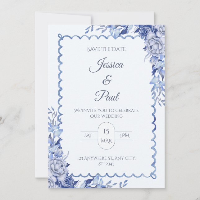 Convites Elegant  Blue Floral Frame Wedding Invitation (Frente)