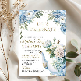Convites Elegant Blue Floral Mother's Day Tea Party 