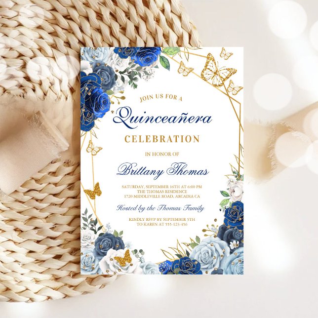 Convites Elegant Blue Floral Quinceañera Invitation (Criador carregado)
