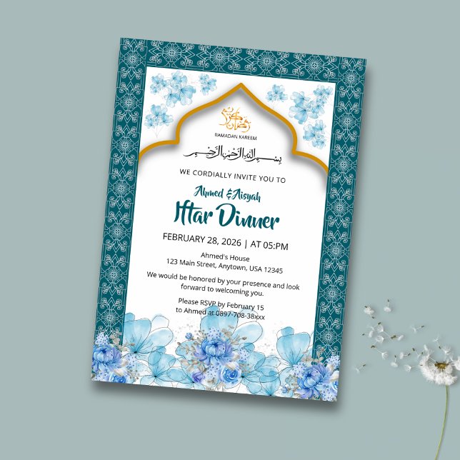Convites Elegant Blue Floral Ramadan Iftar Invitation (Criador carregado)
