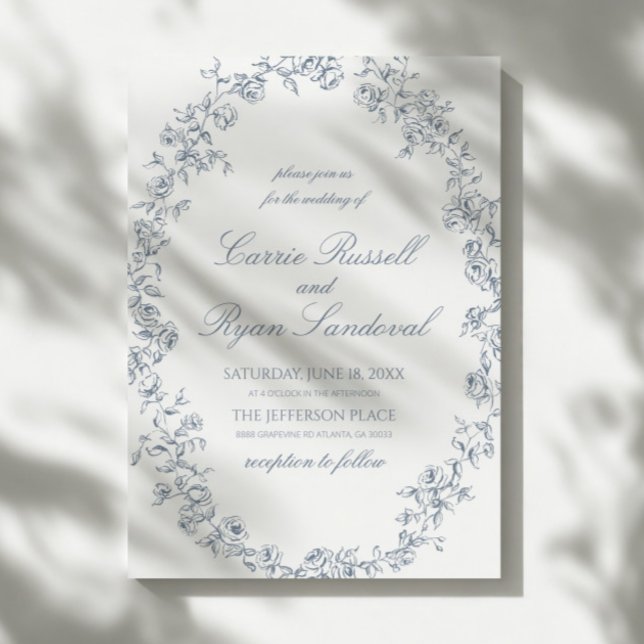 Convites Elegant Blue Floral Roses Fine Line Art Wedding (Criador carregado)