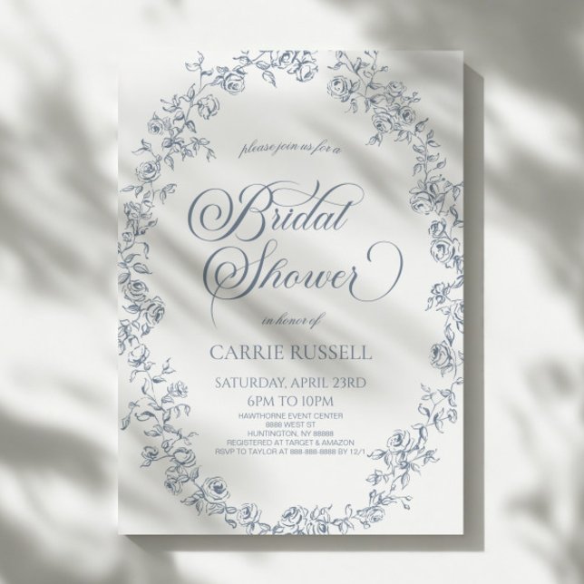 Convites Elegant Blue Floral Roses Line Art Bridal Shower (Criador carregado)