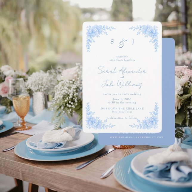 Convites Elegant Blue Floral Rounded Wedding Website (Criador carregado)
