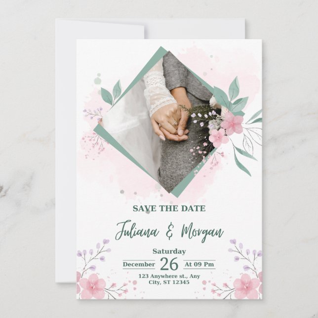 Convites Elegant Blue Floral Save The Date Wedding Invite (Frente)