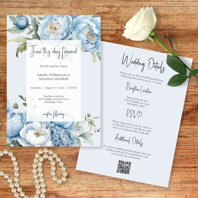 Convites Elegant Blue Floral Two Sided Wedding Invitation (Criador carregado)