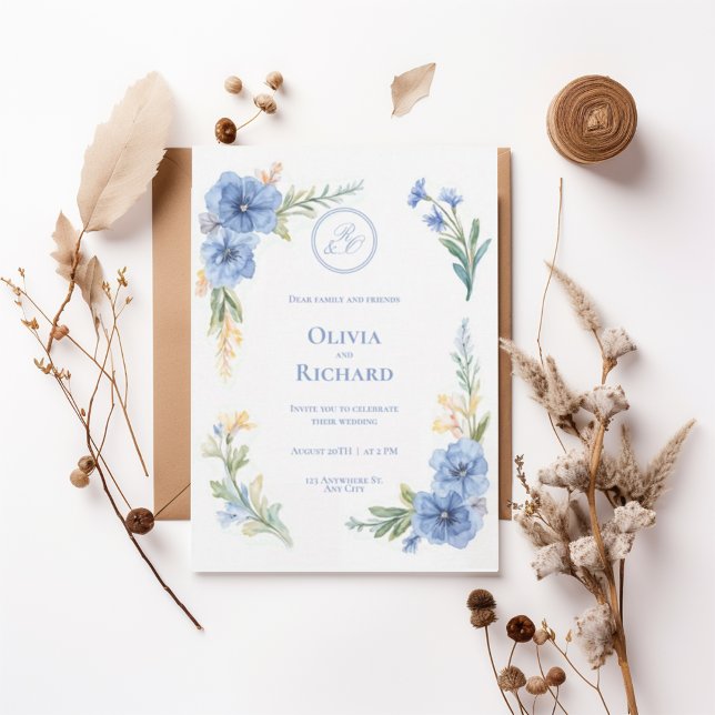 Convites Elegant Blue Floral Watercolor Wedding Invitation (Criador carregado)
