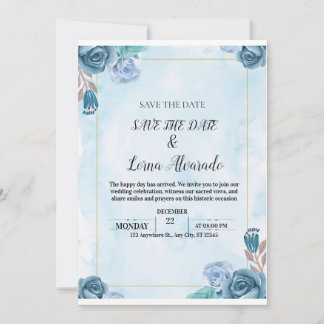 Convites Elegant Blue Floral Watercolor Wedding Save the Da