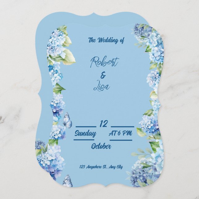Convites Elegant Blue Floral Wedding (Frente/Verso)