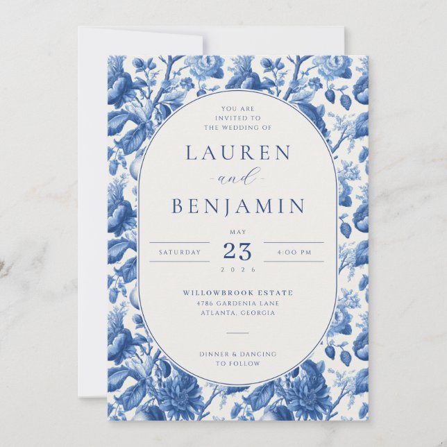 Convites Elegant Blue Floral Wedding Invitation (Frente)