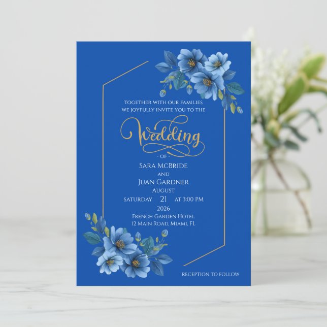 Convites Elegant Blue Floral Wedding Invitation (Em pé/Frente)