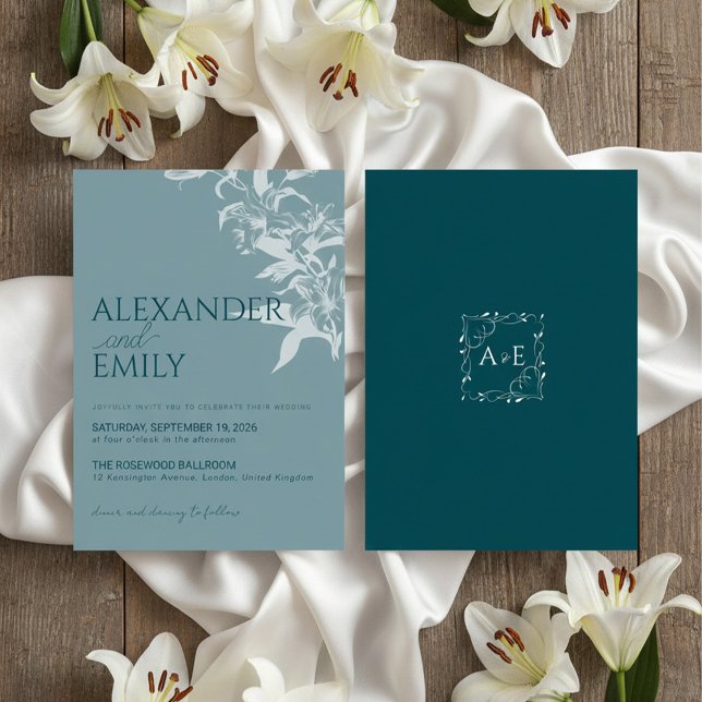 Convites Elegant Blue Floral Wedding Invitation (Criador carregado)