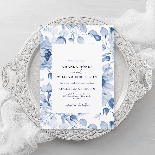 Convites Elegant Blue Floral Wedding Invitation (Criador carregado)