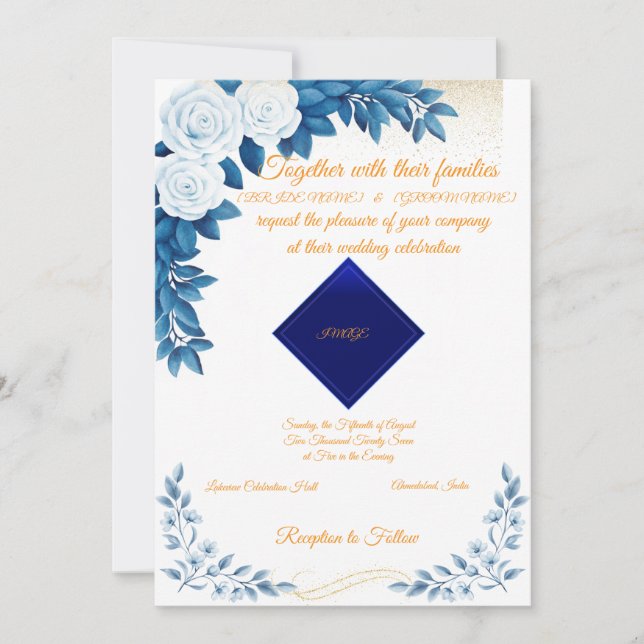 Convites Elegant Blue Floral Wedding Invitation on White (Frente)
