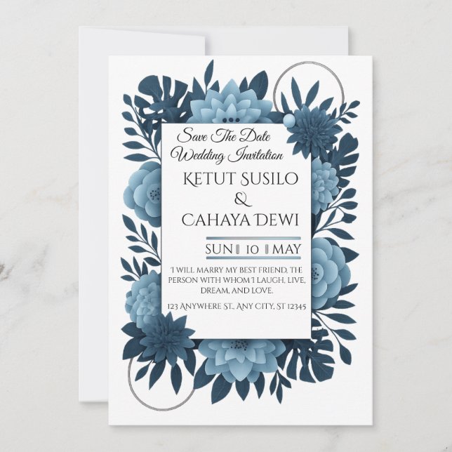 Convites  Elegant Blue Floral Wedding Invitation Template   (Frente)