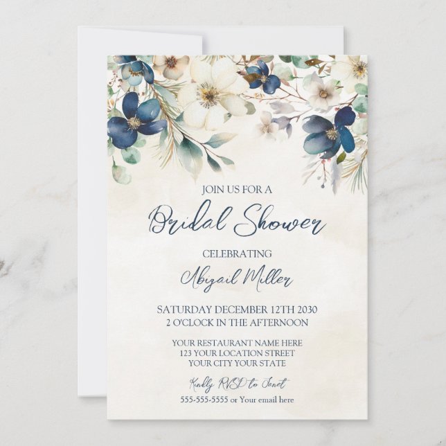 Convites Elegant Blue Floral Winter Bridal Shower (Frente)