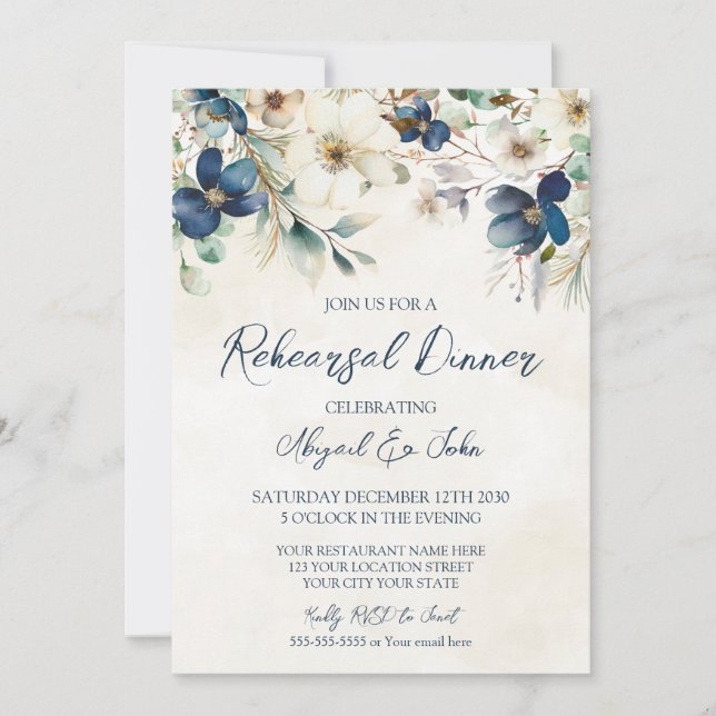 Convites Elegant Blue Floral Winter Rehearsal Dinner (Frente)