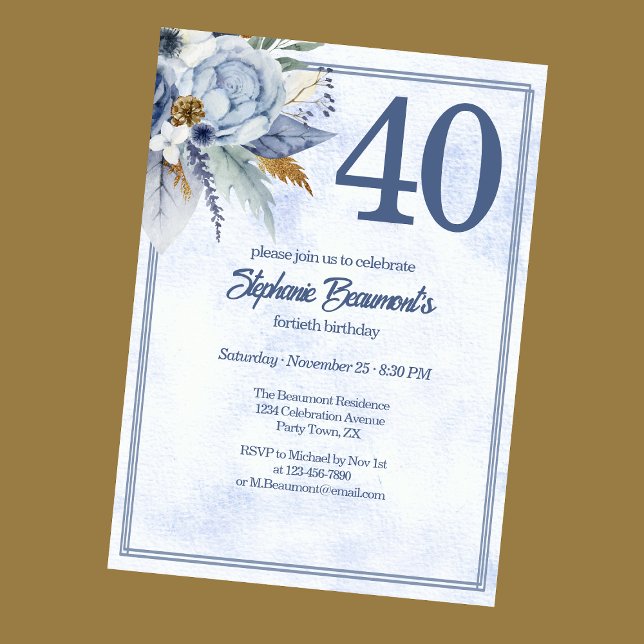 Convites Elegant Blue Florals Women's 40th Birthday Party (Criador carregado)
