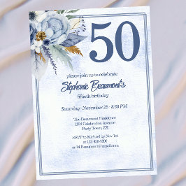 Convites Elegant Blue Florals Women's 50th Birthday Party