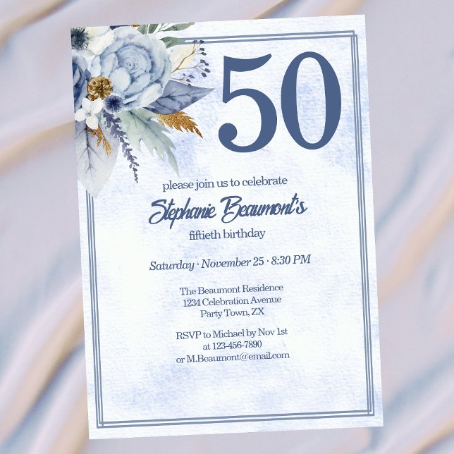 Convites Elegant Blue Florals Women's 50th Birthday Party (Criador carregado)