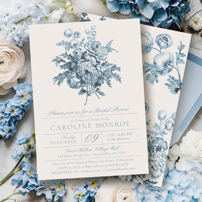 Convites Elegant Blue Flowers Botanical Bridal Shower (Blue & ivory modern vintage floral bouquet chinoiserie french toile elegant bridal shower invitation)