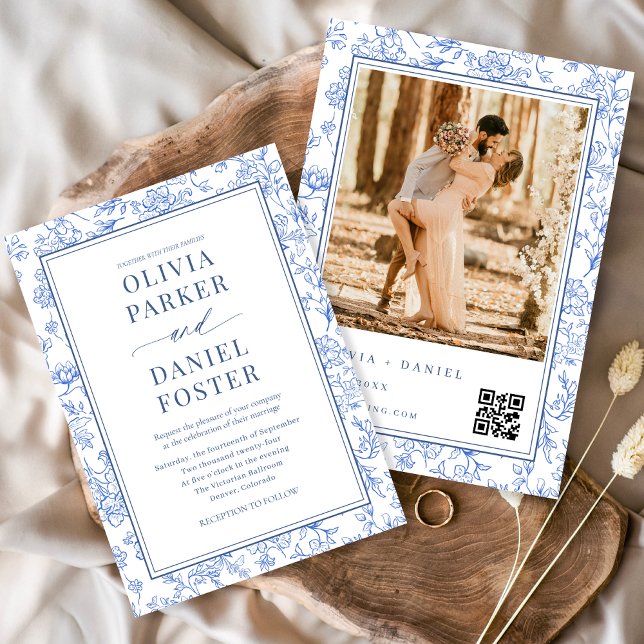 Convites Elegant Blue French Floral Photo QR Code  (Criador carregado)