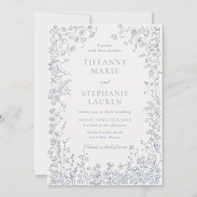 Convites Elegant Blue French Floral Wedding Invitation (Frente)
