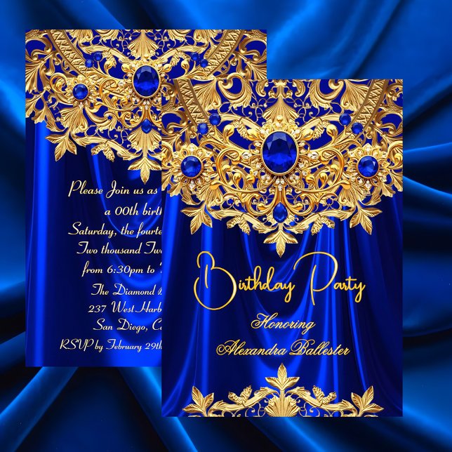 Convites Elegant Blue Gems Gold Lace Damask Birthday Party (Criador carregado)