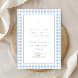 Convites Elegant Blue Gingham Boy First Communion