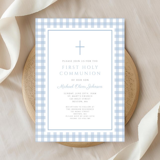 Convites Elegant Blue Gingham Boy First Communion (Elegant Blue Gingham Boy First Communion Invitation)