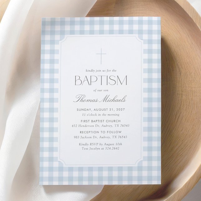 Convites Elegant Blue Gingham Cross Boy Baptism (Criador carregado)