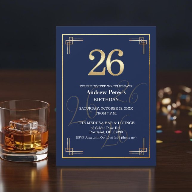 Convites Elegant Blue Gold 26th Birthday Party (Criador carregado)